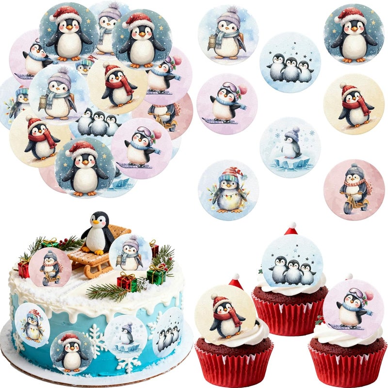 Fyeoxle 36PCS Edible Penguins Cupcake Toppers Wafer Paper Winter Penguin Cupcake Picks for Holiday Theme Christmas Party Baby Shower Birthday Supplies - Image 1